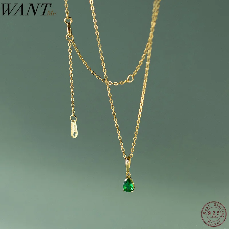 

WANTME 925 Sterling Silver Simple Water Drop Green Zircon Clavicle Necklace for Women Elegant Korean Wedding Party Jewelry Gift