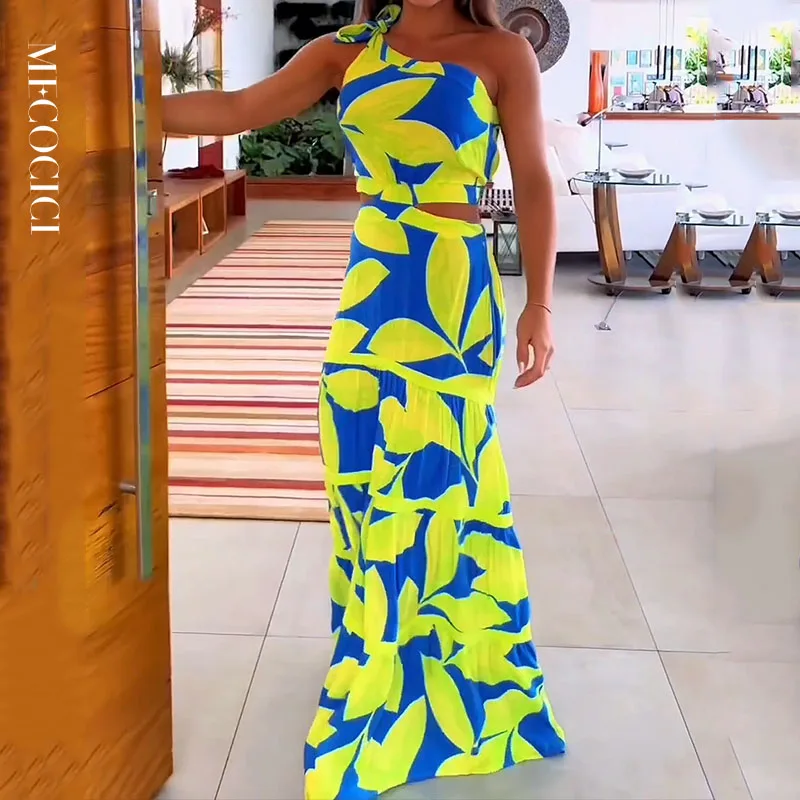 

MECOCICI Women Maxi Dress Fashion Sexy Trendy Off Shoulder Printing Cutout Pleated Slim Party Evening Dresses High Streetwear