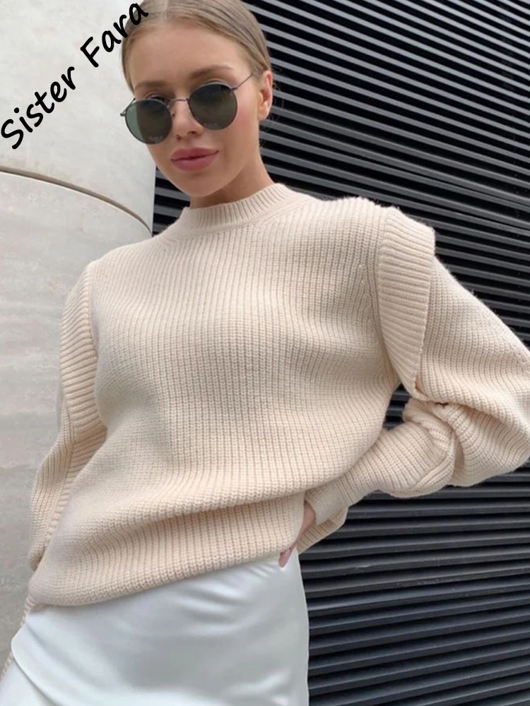 

Sister Fara Winter O-Neck Ruffles Knit Sweater Autumn Loose Knitted Women Sweaters Women Long Sleeve Solid Pullover Sweater Tops