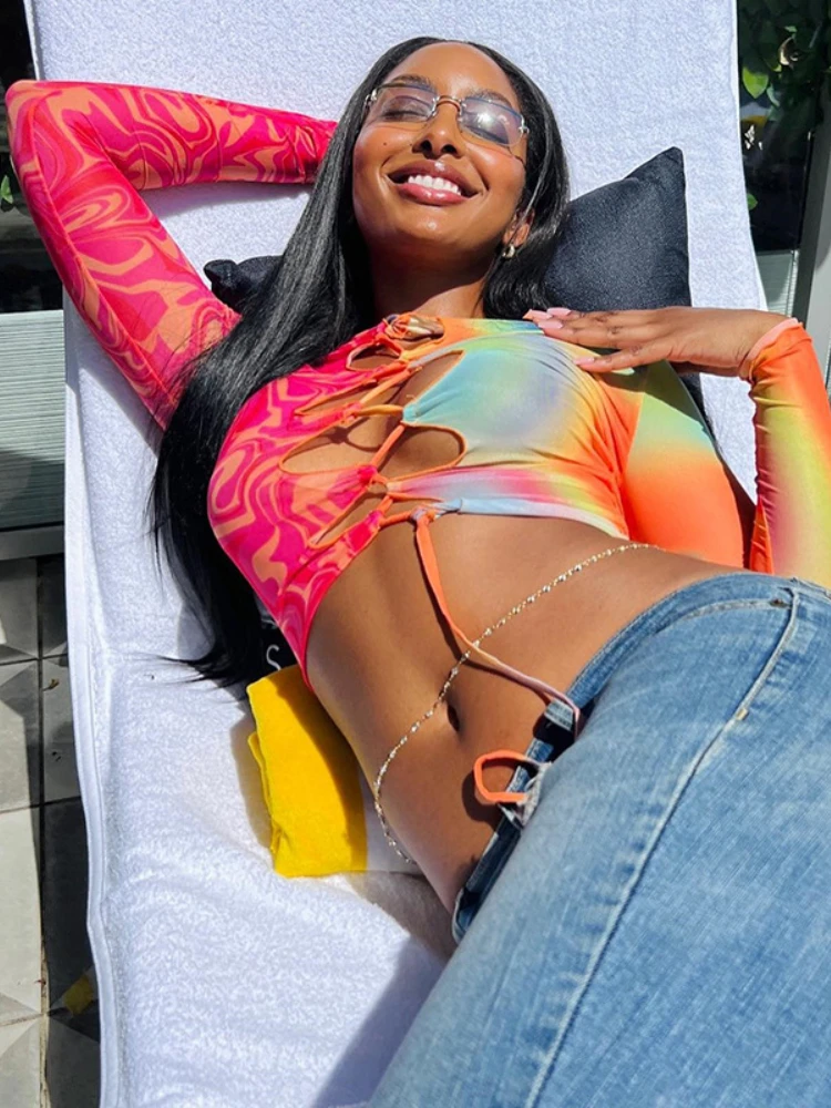 

Gavestis Sexy Tie Dye Crop Top Women Summer Fashion Hollow Out Bandage Long Sleeve Tops Y2k Party Club Streetwear 2023 New