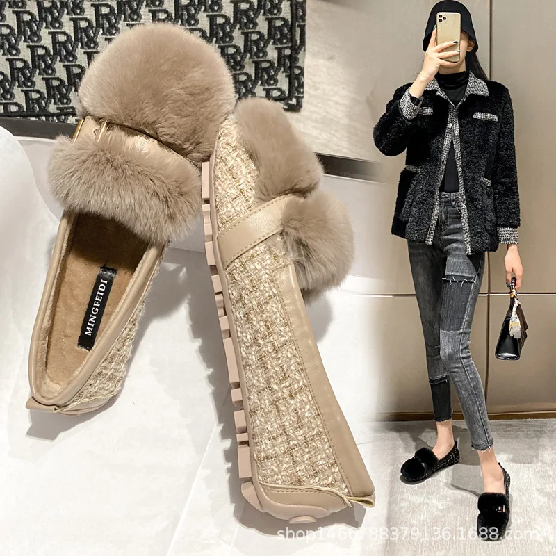Women Fur Shoes  Flat  Superfine Fiber Solid Color  Round Shape Breathable Belt Buckle    Woman