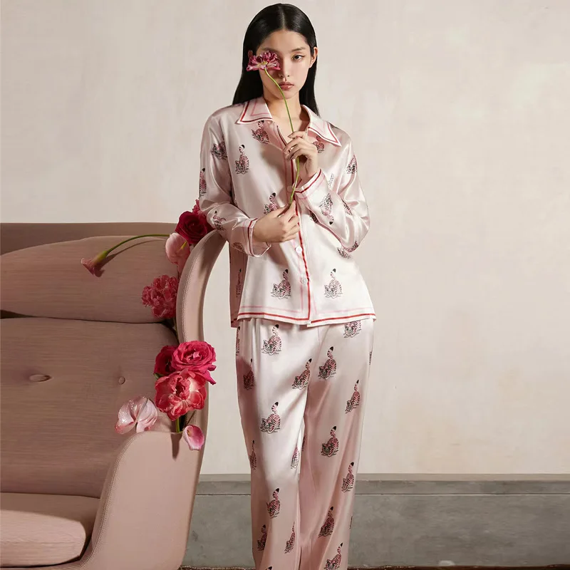 

Pink Tiger Satin Smooth Pajamas for Women Long Sleeved Trousers Home Clothes Cartoon Loungewear Sexy Nightwear Two Piece Set
