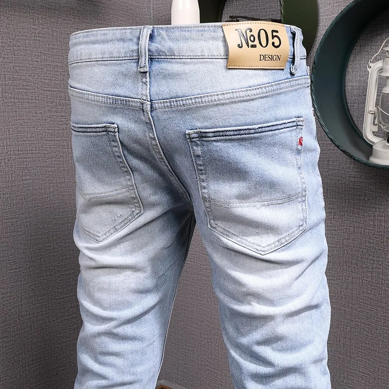 Light Blue Jeans Men 2022 New Streetwear Casual Slim Fit Pencil Pants Fashion Cotton Denim Trousers
