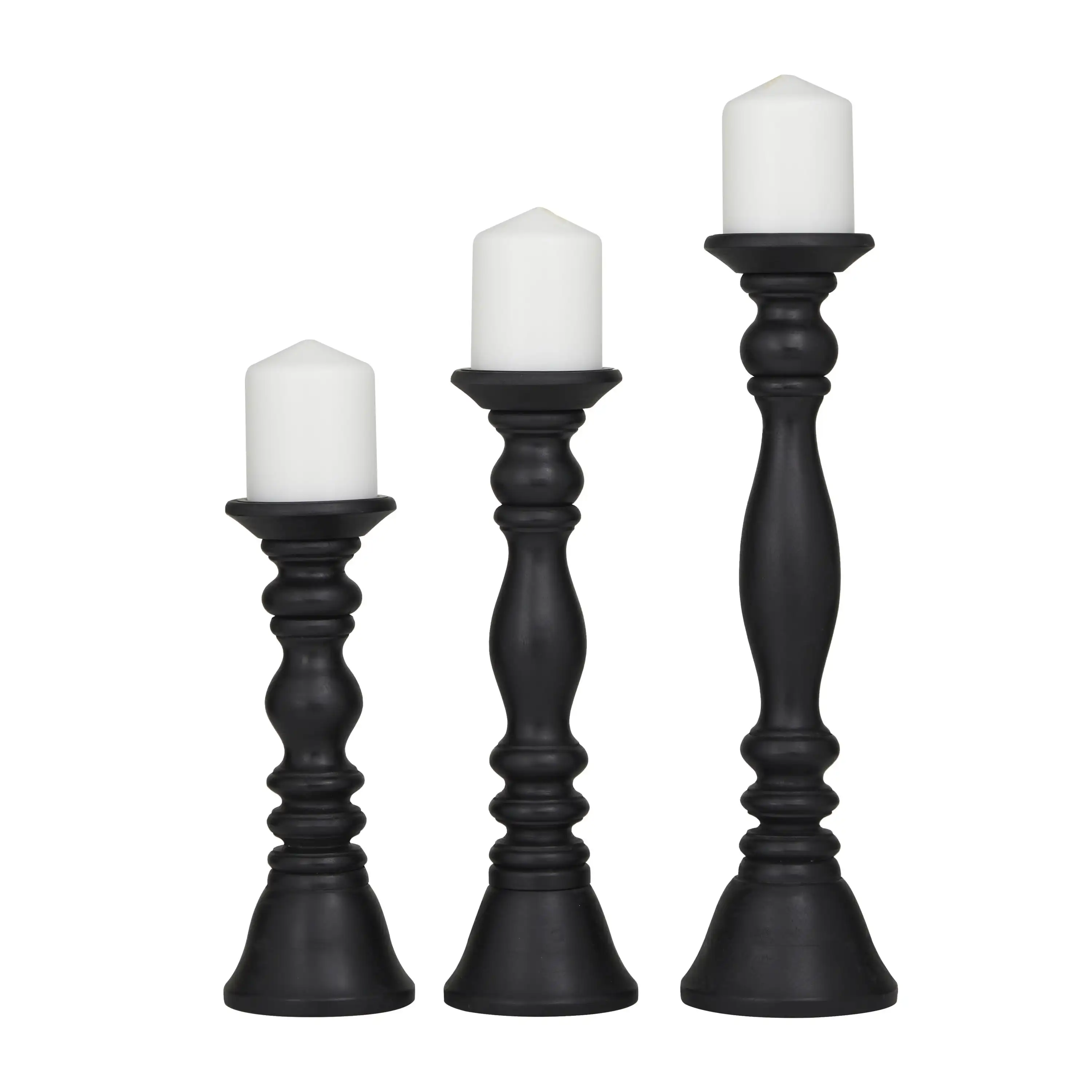 Candle Black Wood Turned Style Pillar Candle Holder, Set of 3