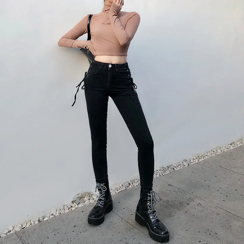 2023 Women's Spring and Fall Side Straps Tight Thin Pencil Pants Foot Pants Female Solid Trouser Korean Chic Black Denim Jeans