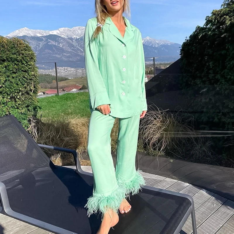 

Two Piece Chic Feather Detail Lounge Suits Long Sleeve Button Up Top & Slim Pants Set Wpmen Casual Wool Pajamas Two Piece Suits