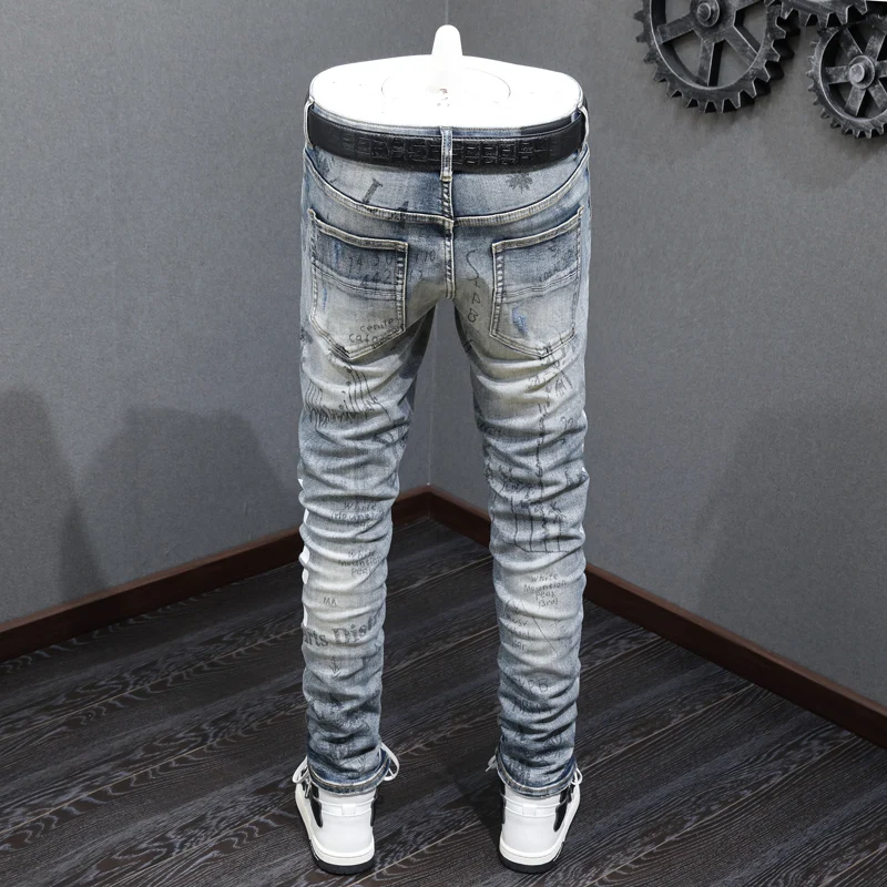 High Street Fashion Men Jeans Retro Blue Elastic Stretch Skinny Fit Ripped Jeans Men Printed Designer Hip Hop Brand Pants Hombre