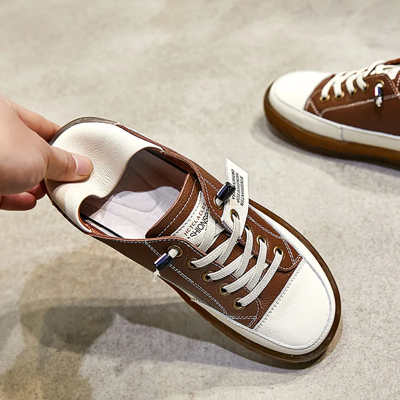 Loafer Shoes Woman Spring 2023 New First Layer Cowhide Low Top Little White Shoes Woman Vintage Soft Soled Student Single Shoes