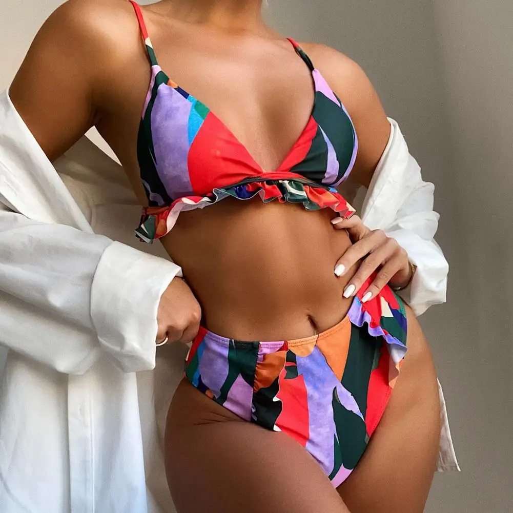 

Комплект бикини с оборками и регулируемыми бретелями, треугольный микро бюстгальтер с завышенной талией, женский купальник