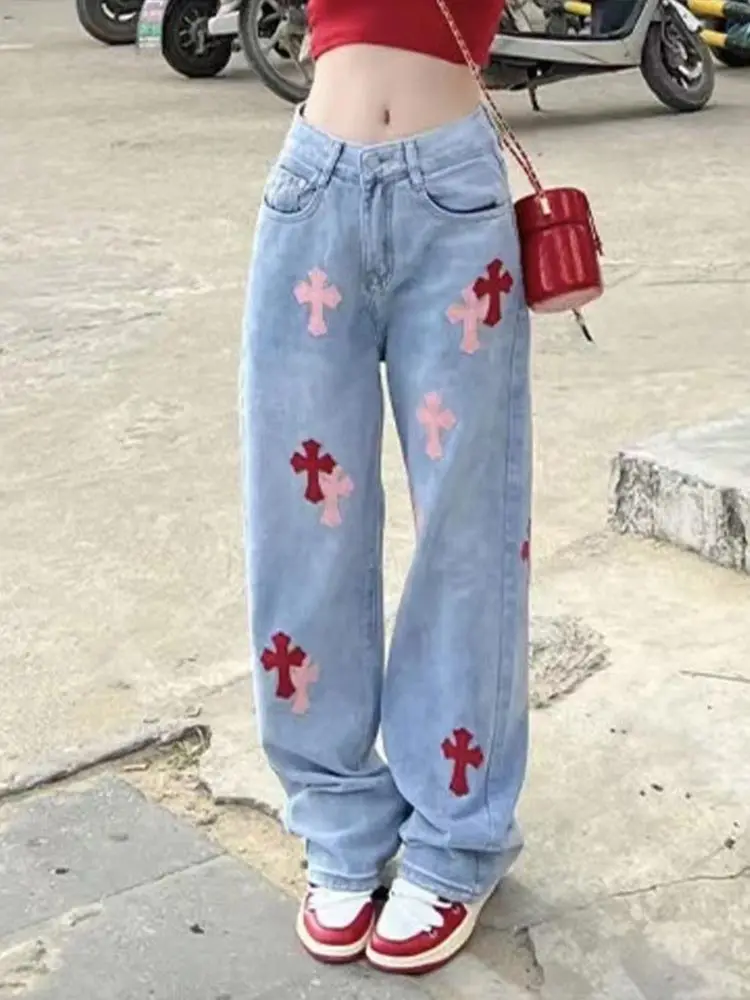 

Women Light Blue Fashion Cross Applique Jeans 2022 Spring Female High Waist Y2k Straight Baggy Pant Casual Denim Trousers