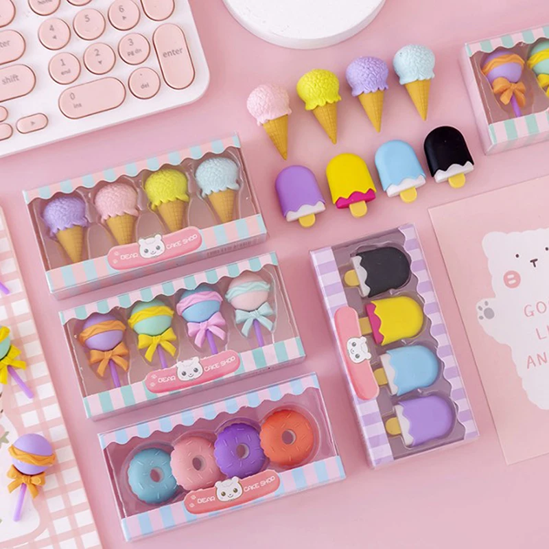 

4pcs Cute Kawaii Donut Dessert Macaron Stationery Leafs Rubber Eraser Pencil Erasers Correction Tools Drawing Accessories