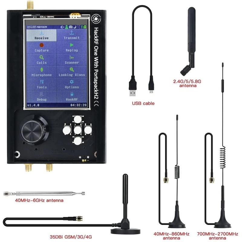 MOOL For Portapack H2 + Hackrf One 5 Antennas Data Cable SDR Software Defined 3.2Inch Screen 1Mhz-6Ghz Assembled |