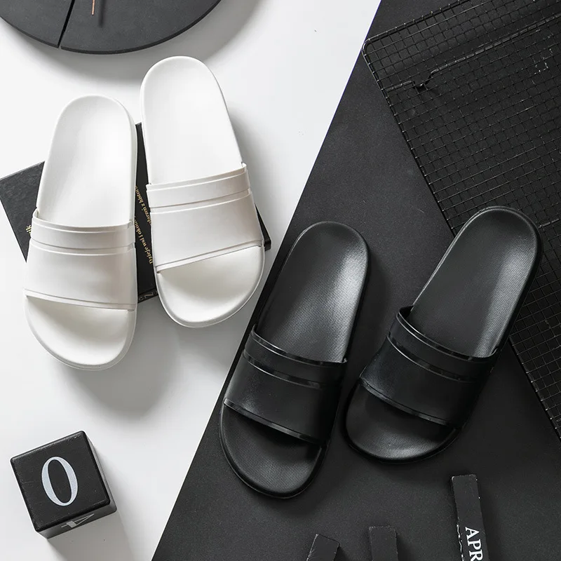 Classic Black White Home Women Bath Slippers Plus Size 46 Summer Indoor Couples Shoes Non-slip Lightweight Men Cool Slides