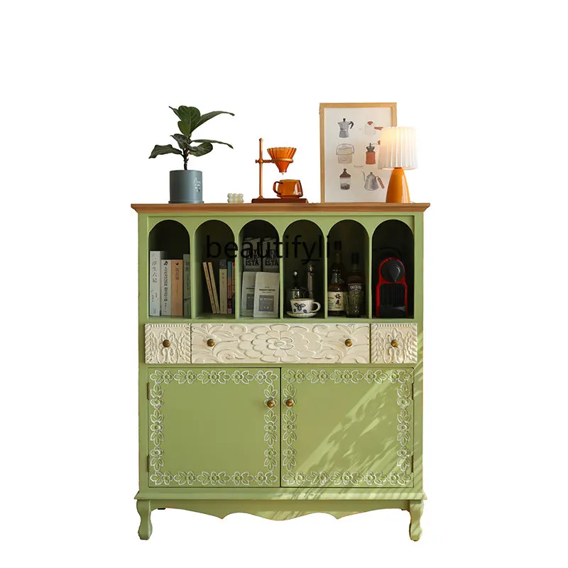 

American Vintage Engraving Green Sideboard Cabinet Pastoral Style Display Cabinet Storage Fantastic Layered Storage