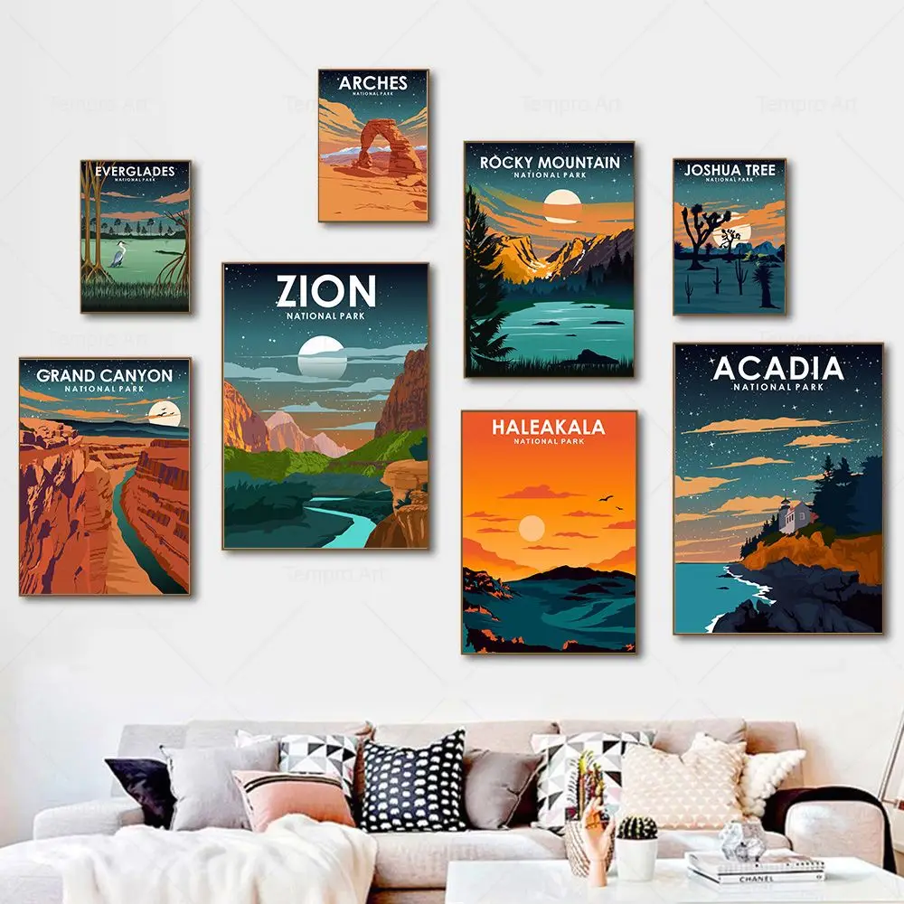 Zion Sequoia памятник арки долины винтажный путешествия город пейзаж холст постер печать, Картина Настенная домашний декор