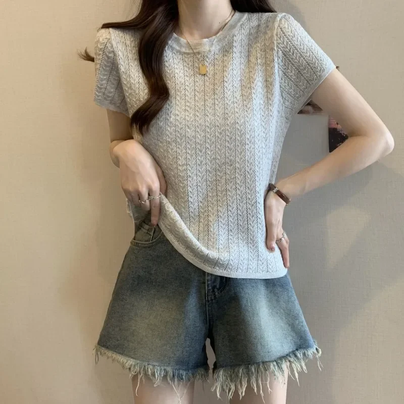 Новинка лета 2024 женская одежда трикотажный топ с коротким рукавом и круглым