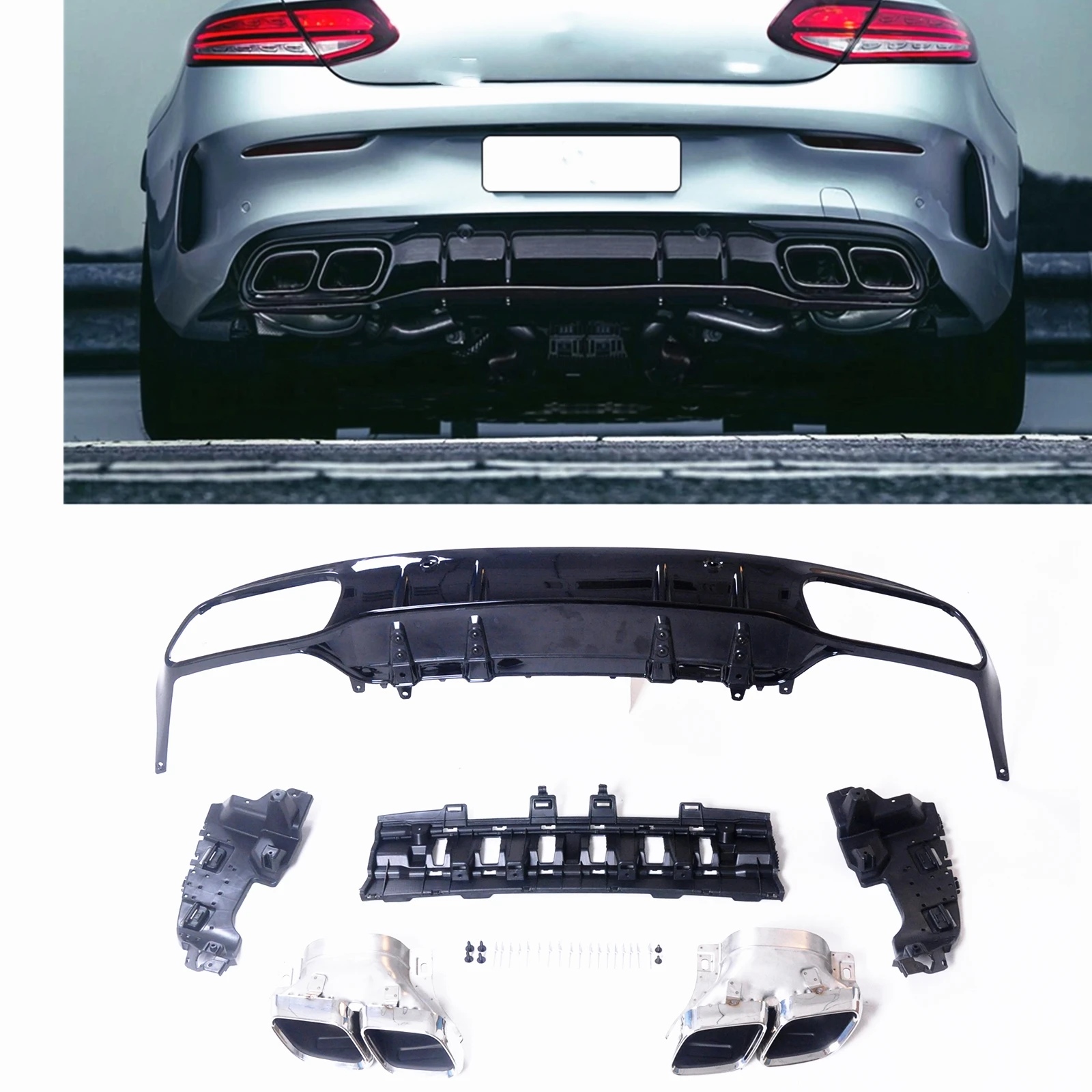 

Для Mercedes-Benz W205 C Class AMG Coupe 2 двери 2015-2021 C63 стиль задний бампер диффузор спойлер губа + серебряный выхлопной глушитель труба