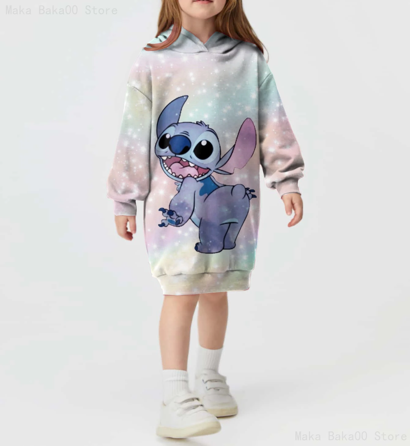 

Disney Stitch Kids Long Sleeve Casual Print Hoodie Sweatshirt Dress Sweatshirt Cartoon Cute Costume Party Girl Dress