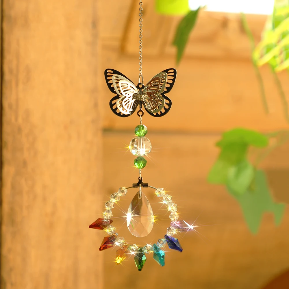 

Metal Butterfly Chakra Suncatcher Stained Glass Sun Catcher Rainbow Maker Crystal Window Hanging Prism Garden Decoration Outdoor