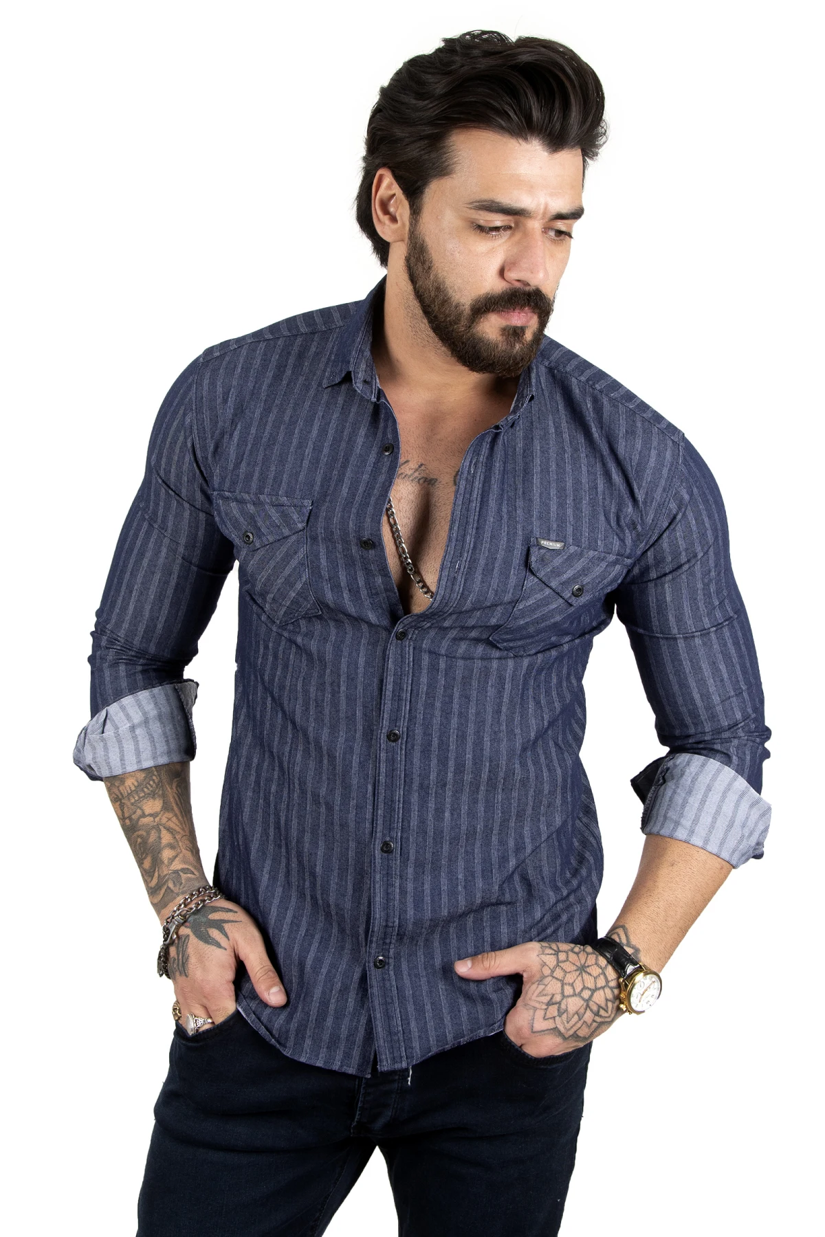 DeepSEA striped snap lycra jeans shirt 2201859