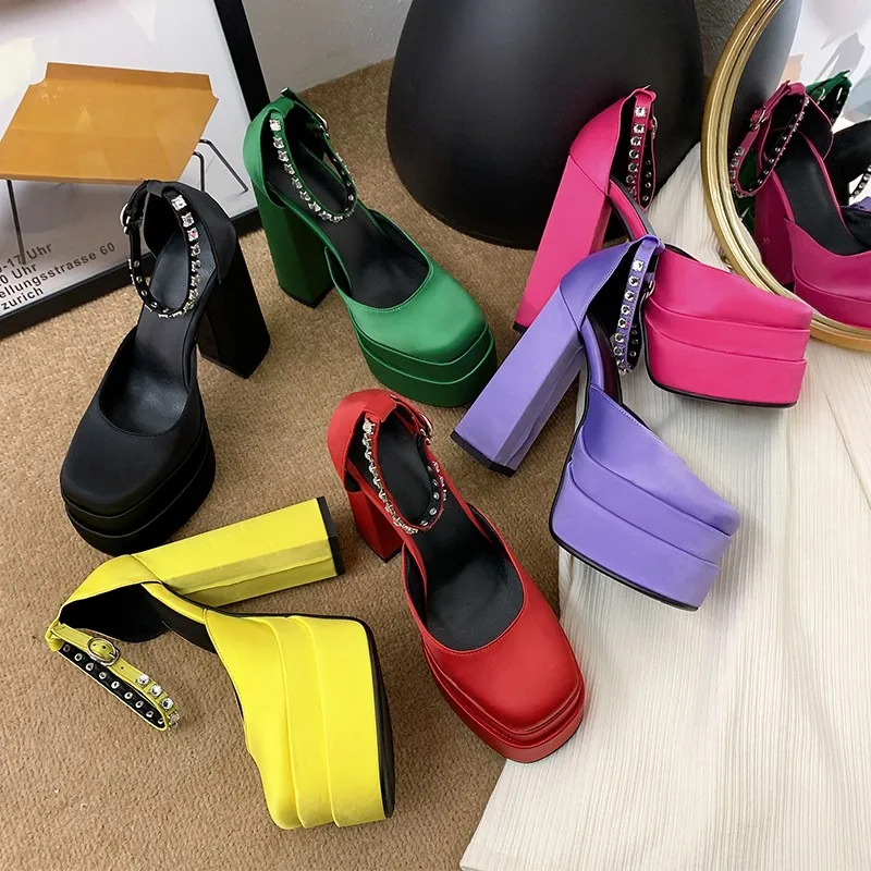 

Designer Satin Women Sandals Summer Shoes Sexy High Heels Platform Black Red Yellow Dress Party Wedding Woman Pumps Plus Size 42