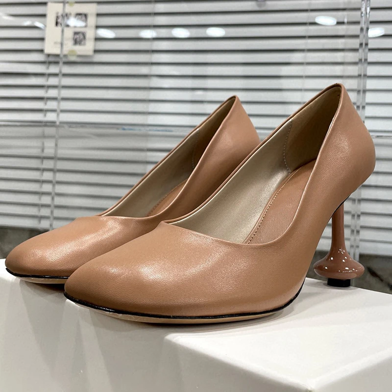 

Ladies High Heels Summer New Round Head Shallow Design Simple Style Single Shoes Real Leather Upper Walk Show Female Pumps