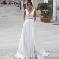 elegant satin a line wedding dresses 2022 for women sleeveless v neck bride dress vestido de novia white backless wedding gown