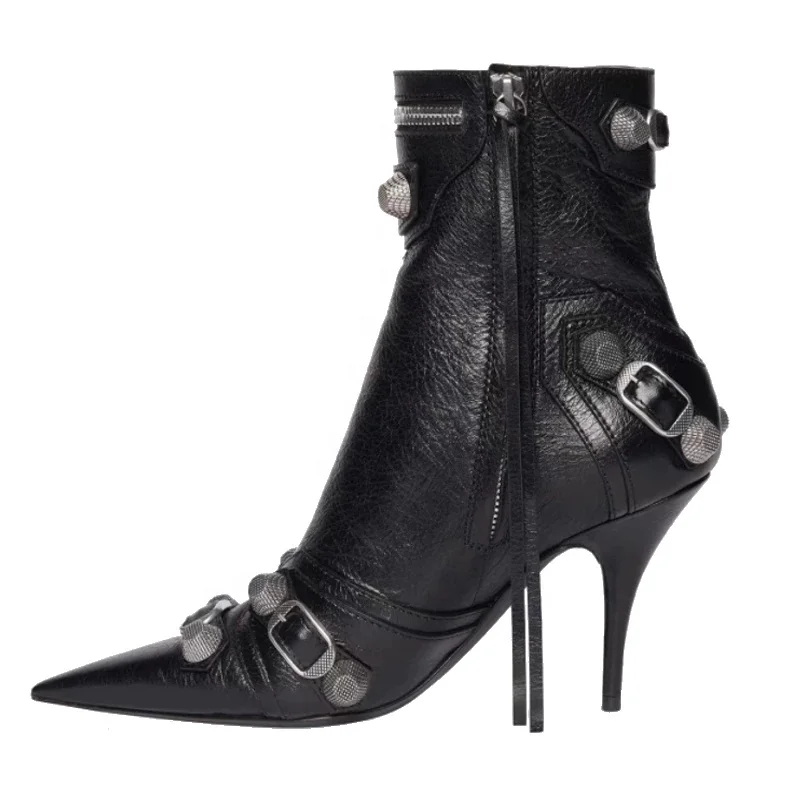 Black High Heel Leather Booty Shoes Pointy Toe Sexy Lady's Ankle Boots Zip Buckle Studs Short Women Fashion Big Size 43