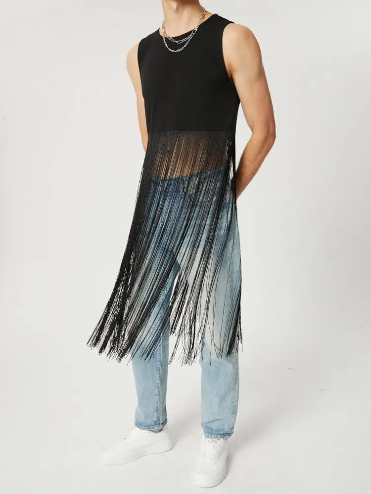 

INCERUN Men Tank Tops Solid Color Tassel O-neck Sleeveless Streetwear Fashion Long Tops Vests 2022 Sexy Casual Men Clothing 5XL