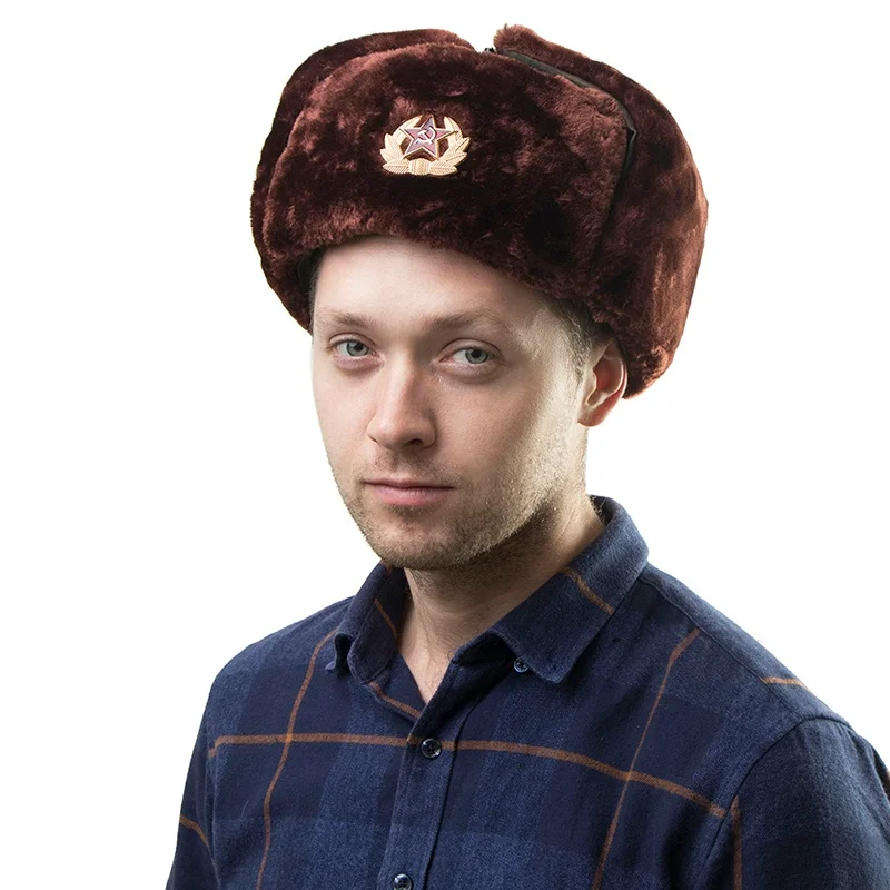 

Soviet Badge Russia Ushanka Men Winter Bomber Hats Pilot Faux Fur Earflap Trapper Trooper Hat Russian National Emblem Snow Hats
