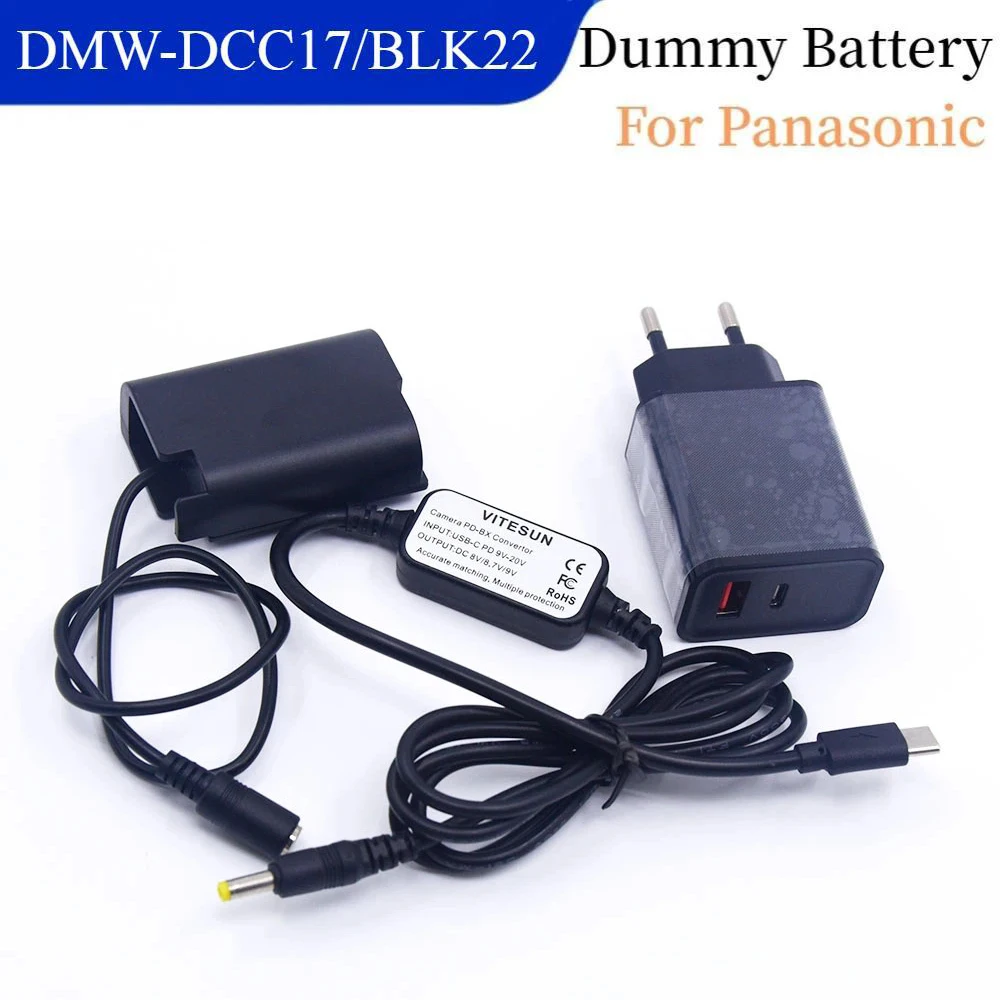 

Fast Charger PD+USB C Power Cable+BLK22 Dummy Battery DCC17 DC Coupler for Panasonic Lumix S5 GH6 DC-S5 DC-S5K Camera