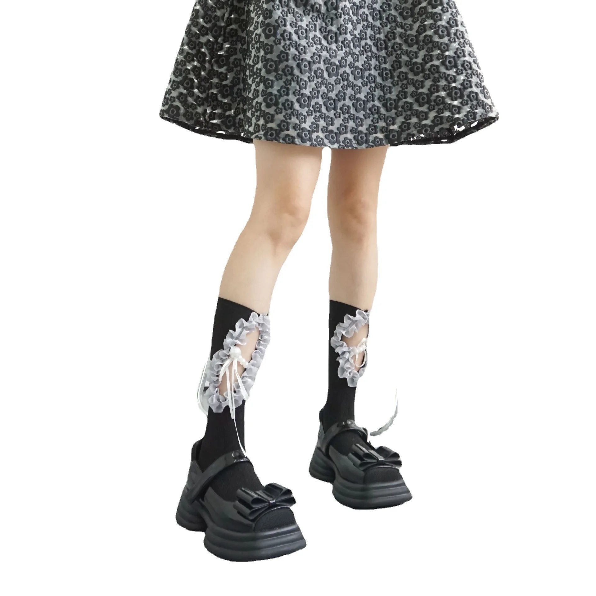 Lolita Hollow Beveled Gold Stockings Pleated Lace Socks Pearl Bow Sweet Girl Calf Socks Girls Kawaii Socks Woman White Black New