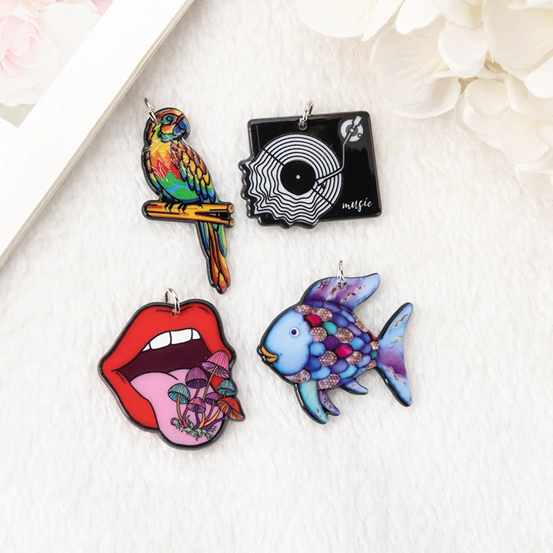 8Pcs Mushroom Lips Charms Acrylic Parrot Rainbow Fish Record Player For Earring Keychain Pendant Necklace Diy Making
