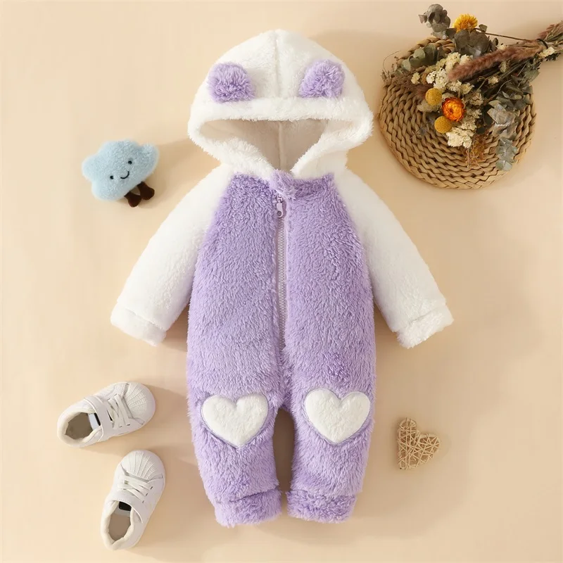 

Newborn Baby Jumpsuit Hooded Fleece Rompers Furry Bear Long Sleeve Zipper Warm Snowsuit Fall Winter Clothes