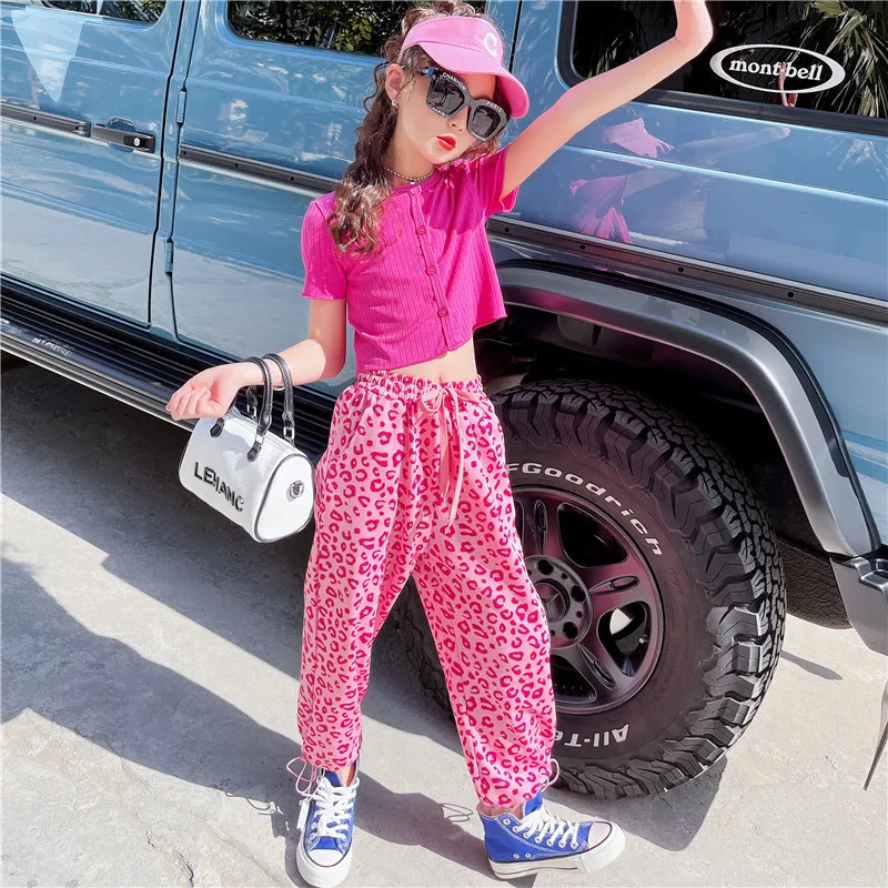 

Summer New Children's Suits Girls Crop Top+Pants Leopard Print Pink Two Piece Casual Kids Clothes 4 5 6 7 8 9 11 10 12 13 14Yrs