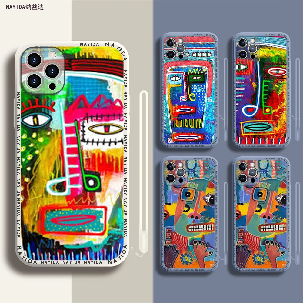 

Soft Silicone Phone Case For iPhone 14 13 11 12 Mini Pro Max XS XR X Blue Lanyard Cover Hot Paint Graffiti Art