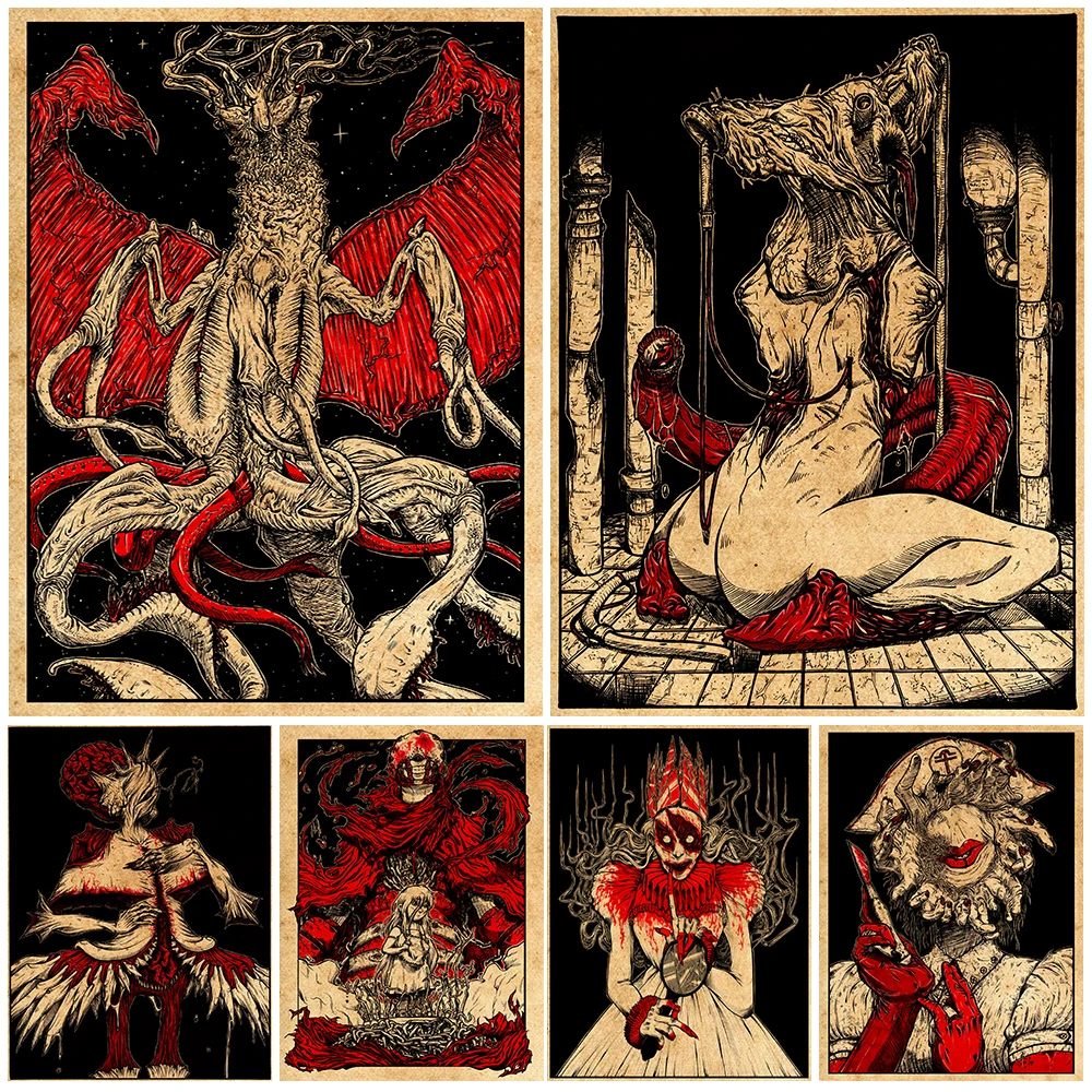 

Bloodthirsty Butcher And Undead Demon Vintage Wall Art Canvas Painting Abstract Horror Bloody Devil Art Poster Prints Home Decor