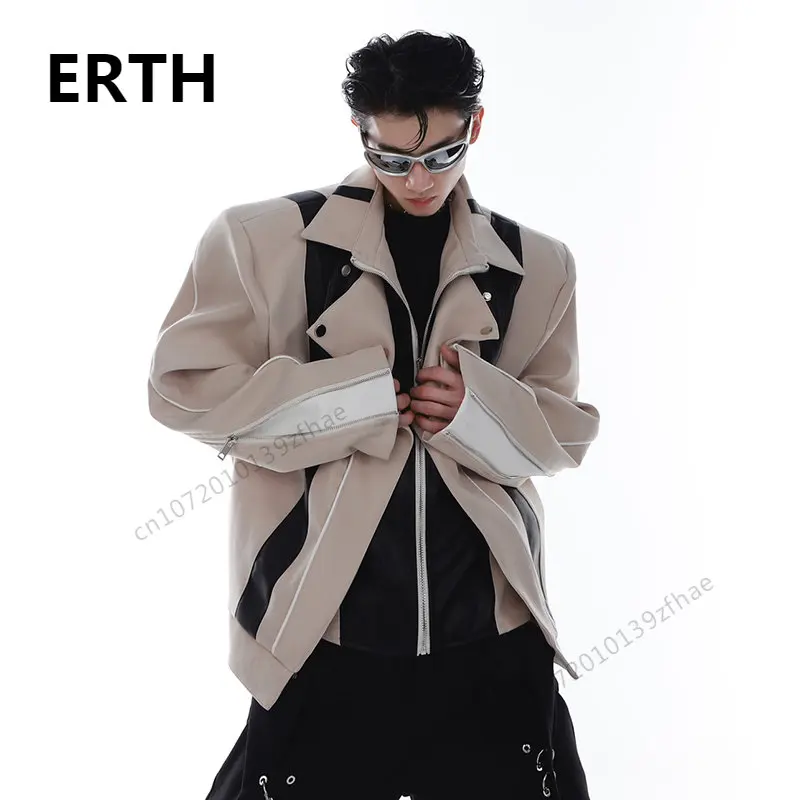 

ERTH Deconstruction Splicing Shoulder Pad Short Jacket Pu Leather Design 2023 Contrast Color Long Sleeve Male Coat