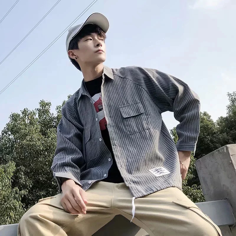 

High quality Net Red ins Vertical Stripe Men's Spring and Autumn New Loose Long Sleeve Shirt Korean Fashion Cool Casual Coat