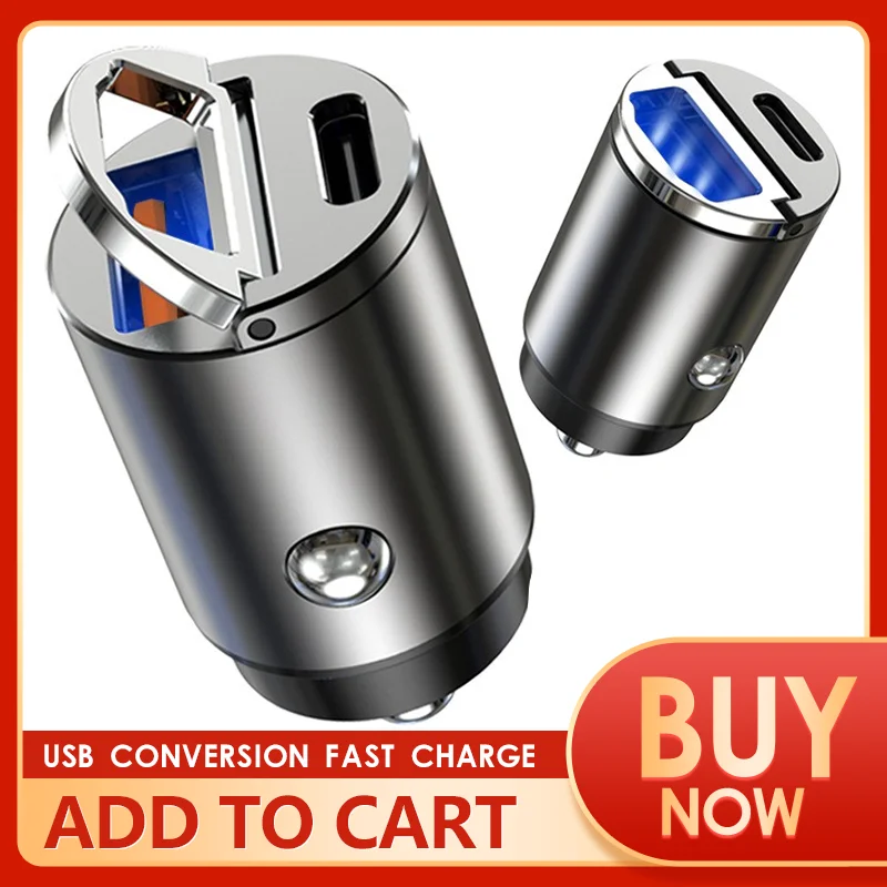 

Universal Car Charger Type-C USB Mini One-to-two Usb Conversion Double-plug Fast Charge 30W QC3.0 QC SCP 5A PD for IPhone Huawei