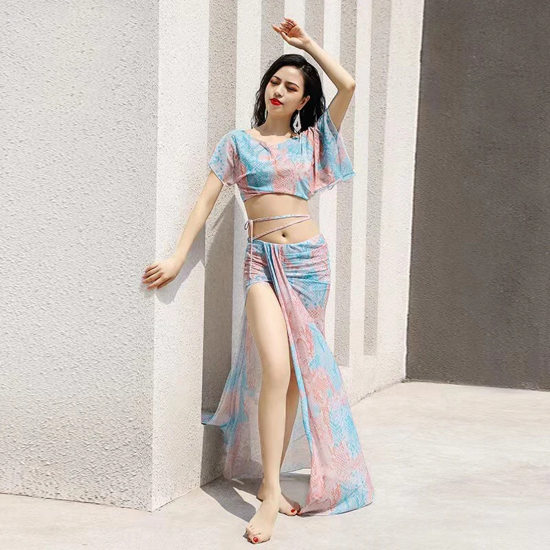 

2022 Summer Woman Festival Clothing Colorful Belly Dance Costumes Set 2 Piece Top+skirt Oriental Practice Set