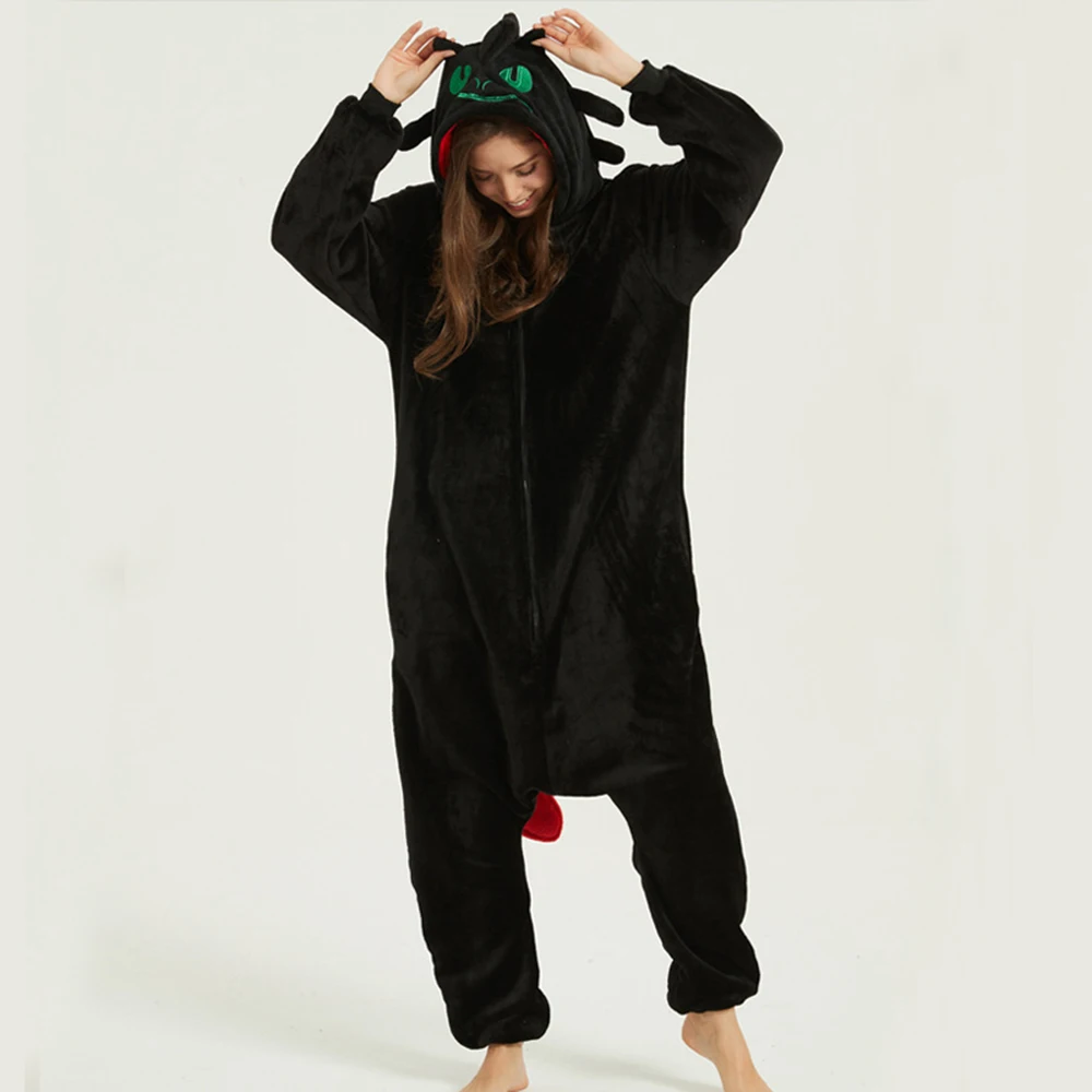 Anime Black Dragon Costume Kigurumi Onesies Pijimas Animal Winter Flannel Pajamas Unisex Adults Halloween Party Costume Jumpsuit