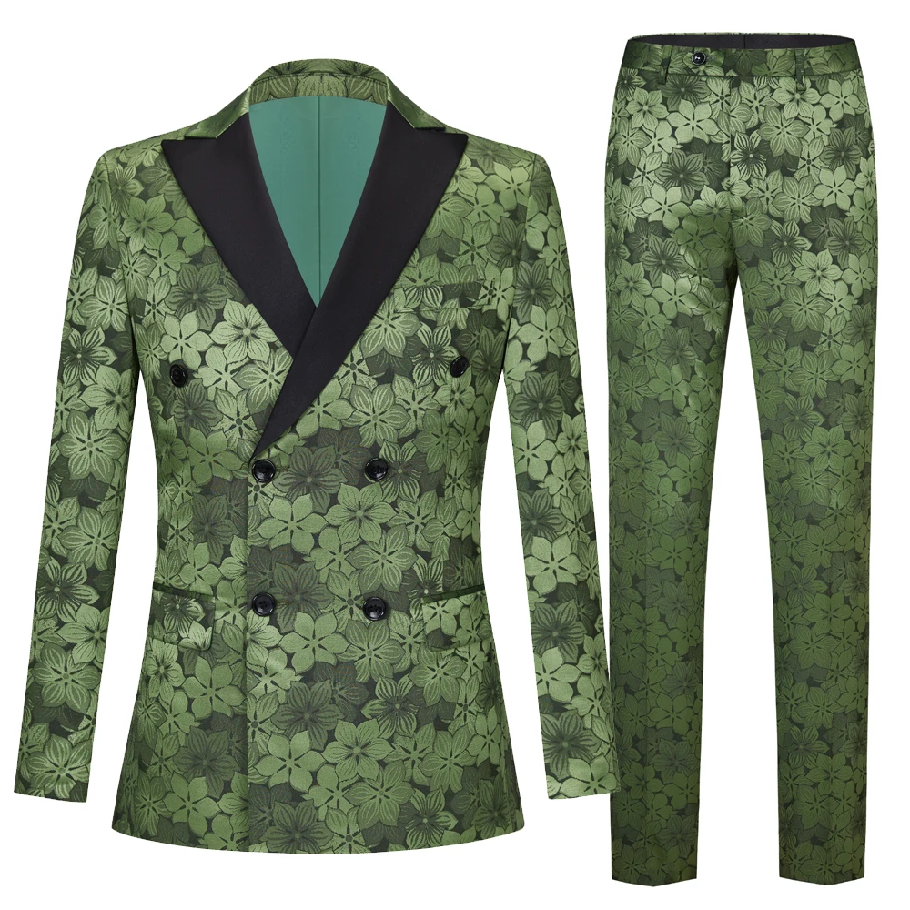 Men's Green Flower Double Breasted Suit Men's Suit Two-piece Set Double Breasted Suit Set 2022 New Blazer Pants Set