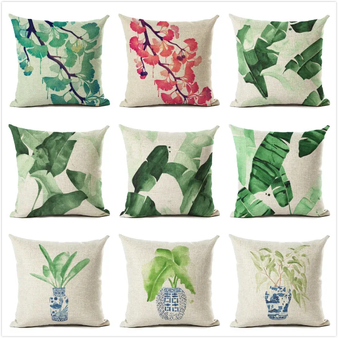 

Green Plant Leaf Collection Print Pattern Decorative Home Pillowcase Square Office Decor Cushion Cover