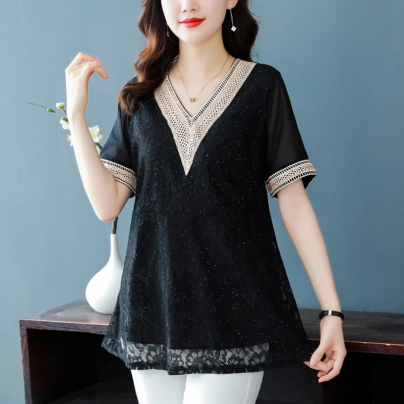 

Plus Size Women's Summer T Shirts 2022 Lace Crochet Tops Elegant Embroidered Cutouts Plus Size Shirts L-5XL Clothes Fit Plus Siz