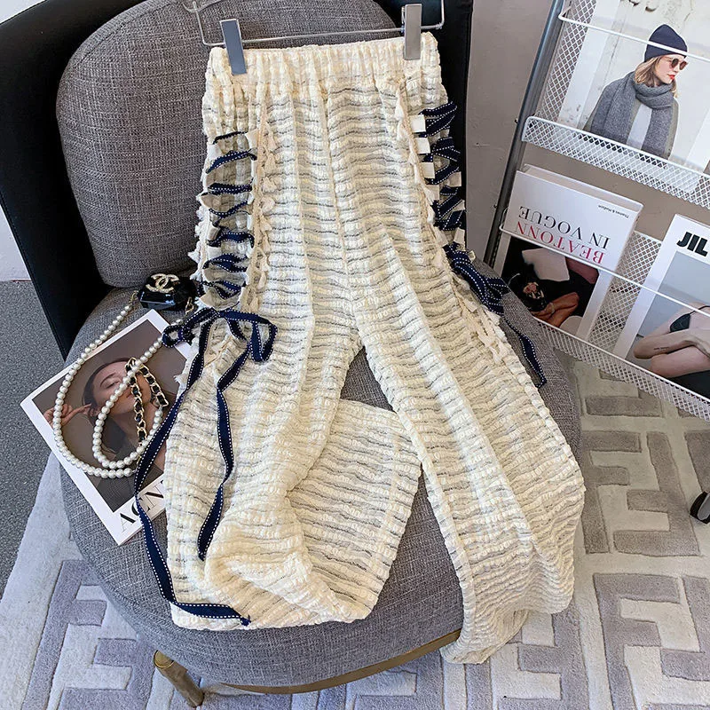 

Zoki Lace Bandage High Waist Women Wide Leg Pants Summer Fashion New Elegant Striped Trousers Causal Straight Slim Fit Pants