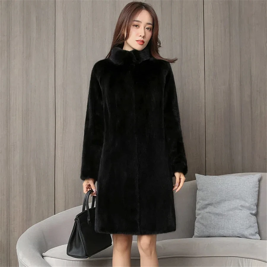 Mid-length Winter Faux Fur Mink Padded Coat Women Warm Thick Outwear Top Korean Overcoat Stand Collar Fashion Elegant Roupas