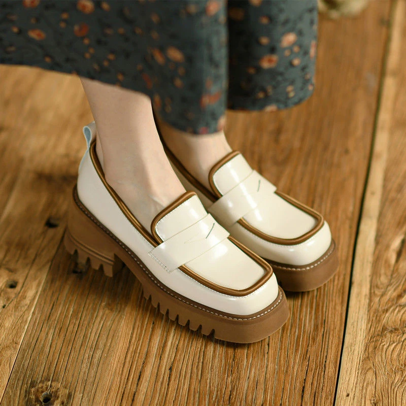 Thick Sole Single Shoes Women Spring Retro Square Toe Shoes Women Fashion Loafer Women Slip-on Shoes British Shoes Female