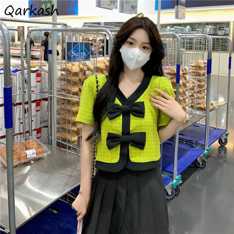 

V-neck Bow Shirts Women Sweet Girlish Korean Style Summer Fashion Tender Panelled Minority Short Sleeve New Design Preppy Trendy