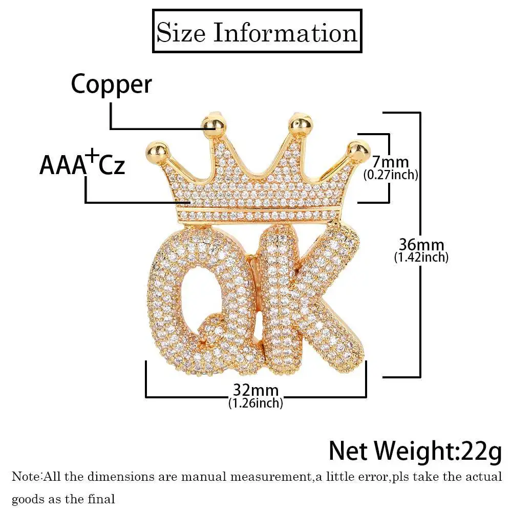 TopBling Hip Hop A-Z Custom Letter Pendant Necklace Charm Crown Buckle 18K Real Gold Plated Jewelry